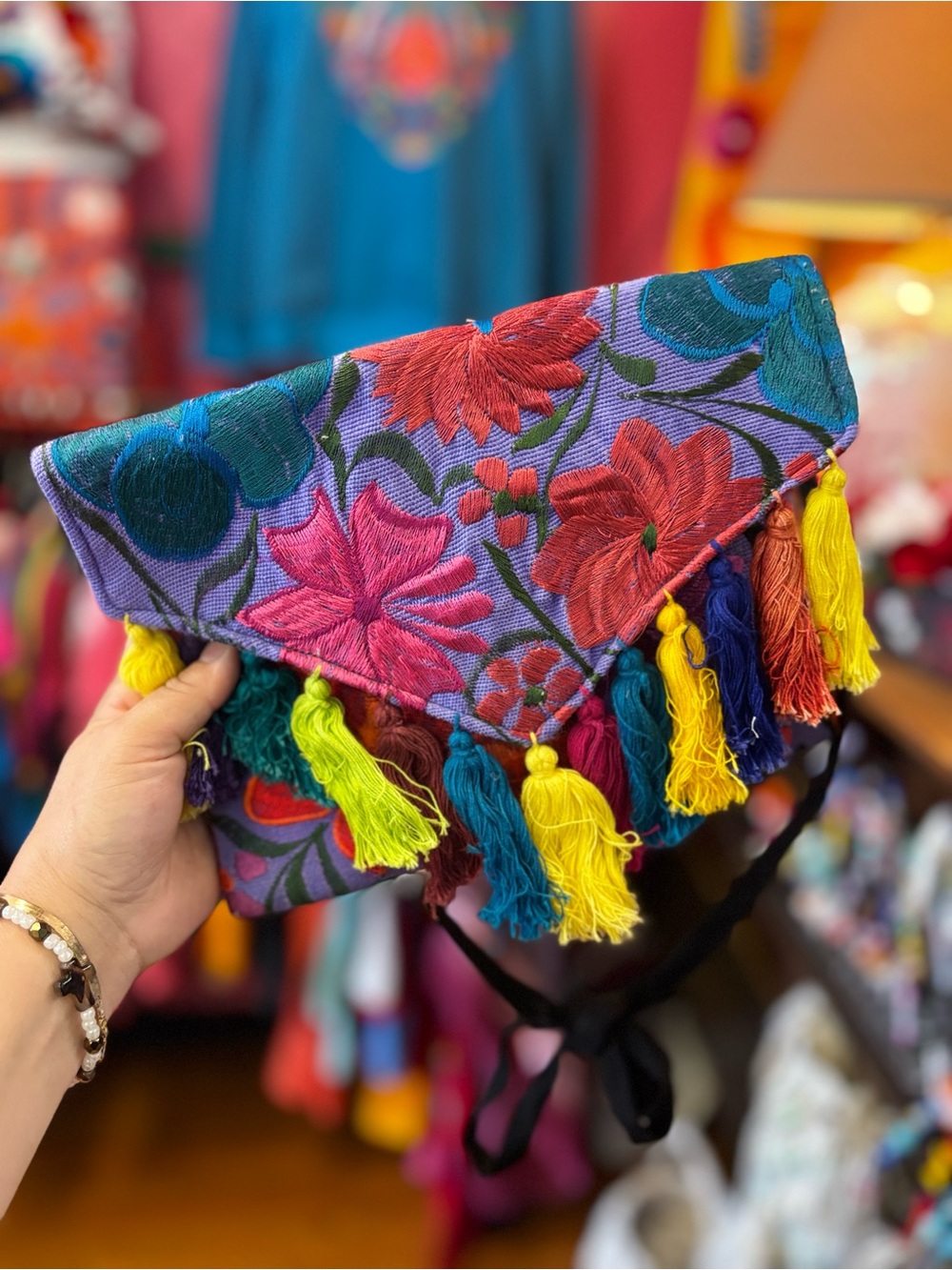 Embroidered Purple Floral Tassel Clutch